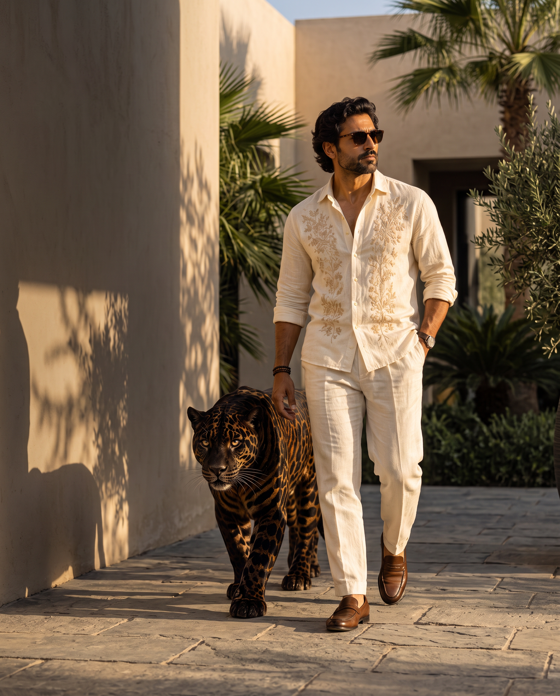 TRUCAVE embroidered linen menswear campaign with a black jaguar in a luxury outdoor setting